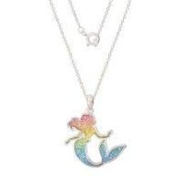 Disney Princess Little Mermaid Jewelry for Women and Girls, Ariel Rainbow Glitter Silver Plated Pendant Necklace, 18” Chain