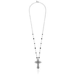 1928 Jewelry Silver Tone Filigree Religious Cross Pendant Necklace, with Black Beaded Chain 30''