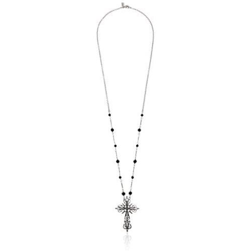 1928 Jewelry Silver Tone Filigree Religious Cross Pendant Necklace, with Black Beaded Chain 30''