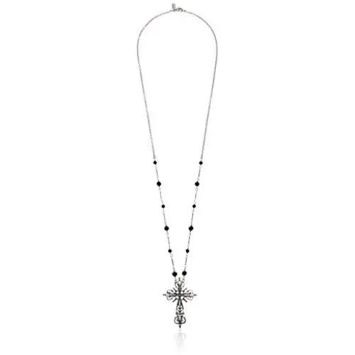 1928 Jewelry Silver Tone Filigree Religious Cross Pendant Necklace, with Black Beaded Chain 30'' 1928 Jewelry Silver Tone Filigree Religious Cross Pendant Necklace, with Black Beaded Chain 30''