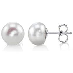 Freshwater Cultured Pearl Earrings for Women White Button Studs with 925 Sterling Silver - THE PEARL SOURCE