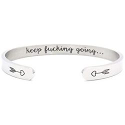Inspirational Bracelet Cuff Bangle Mantra Quote Keep Going Stainless Steel Engraved Motivational Friend Encouragement Jewelry Gift for Women Teen Girls