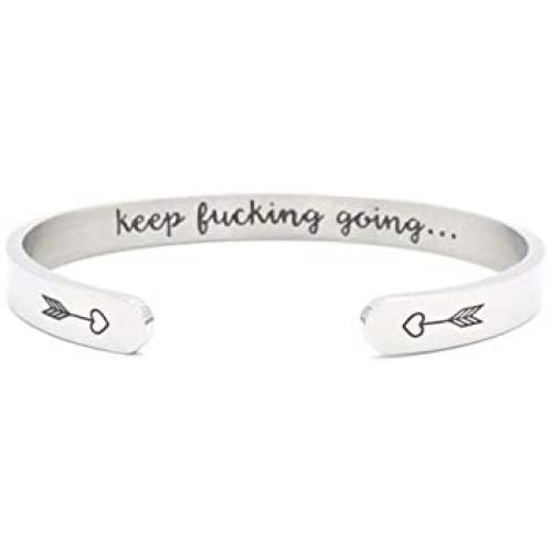 Inspirational Bracelet Cuff Bangle Mantra Quote Keep Going Stainless Steel Engraved Motivational Friend Encouragement Jewelry Gift for Women Teen Girls