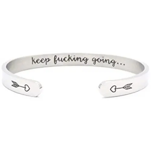 Inspirational Bracelet Cuff Bangle Mantra Quote Keep Going Stainless Steel Engraved Motivational Friend Encouragement Jewelry Gift for Women Teen Girls