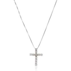 Elmas Jewelry Sterling Silver 0.05 Carat Round (I-J Color, I3 Clarity) White Diamond Cross Pendant Necklace for Women