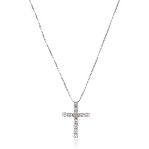Elmas Jewelry Sterling Silver 0.05 Carat Round (I-J Color, I3 Clarity) White Diamond Cross Pendant Necklace for Women