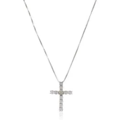 Elmas Jewelry Sterling Silver 0.05 Carat Round (I-J Color, I3 Clarity) White Diamond Cross Pendant Necklace for Women