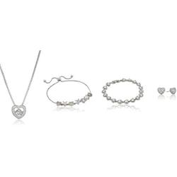Silver Heart Jewelry Gift Set (2 Bracelets, Necklace & Earrings) for Her Women Girls Wife Ladies Birthday