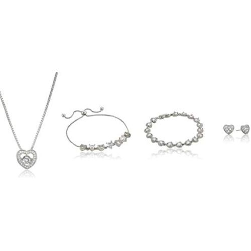 Silver Heart Jewelry Gift Set (2 Bracelets, Necklace & Earrings) for Her Women Girls Wife Ladies Birthday