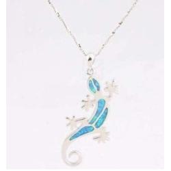 Platinum plated Sterling Silver Blue Opal Lizard Gecko Pendant Necklace WIth Curb Chain 18In For Women Girls Children