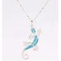 Platinum plated Sterling Silver Blue Opal Lizard Gecko Pendant Necklace WIth Curb Chain 18In For Women Girls Children