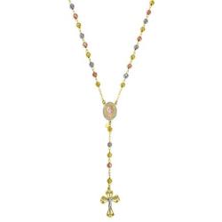 18K Yellow Gold Plated Sterling Silver Diamond Cut Beads TRICLR 26'' Rosary Cross Necklace