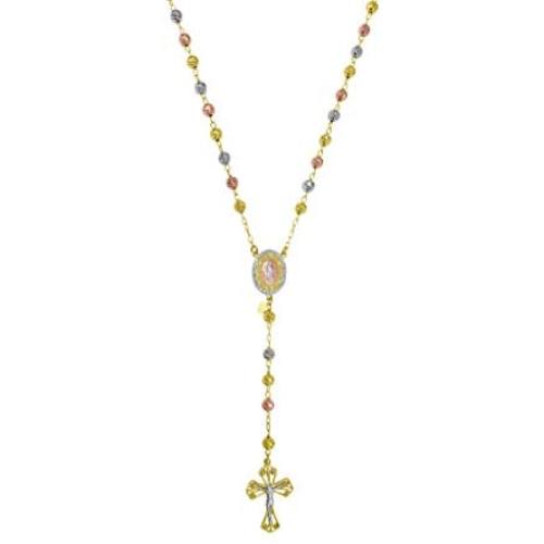 18K Yellow Gold Plated Sterling Silver Diamond Cut Beads TRICLR 26'' Rosary Cross Necklace