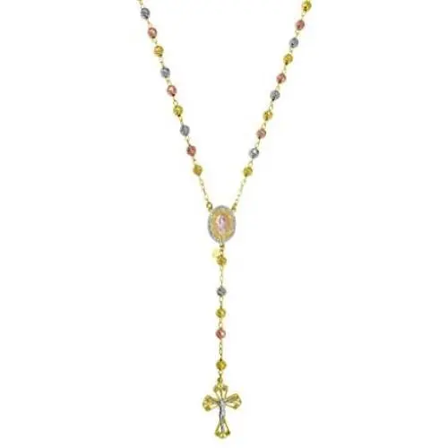 18K Yellow Gold Plated Sterling Silver Diamond Cut Beads TRICLR 26'' Rosary Cross Necklace