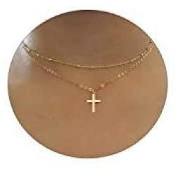 CHESKY 14K Gold Plated Dainty Layered Cross Figaro Chain Necklace Minimalist Sunflower Pendant Necklace Cubic Zirconia Evil Eye Choker Handmade Jewelry for Women