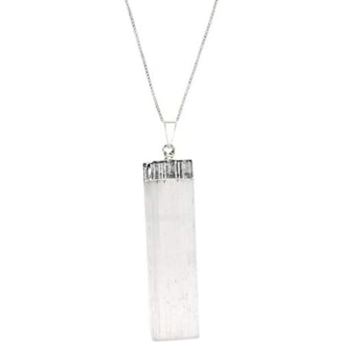 Raw Selenite Flat Pendant Necklace on Sterling Silver Box Chain, 18''