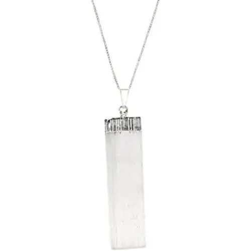 Raw Selenite Flat Pendant Necklace on Sterling Silver Box Chain, 18'' Raw Selenite Flat Pendant Necklace on Sterling Silver Box Chain, 18''