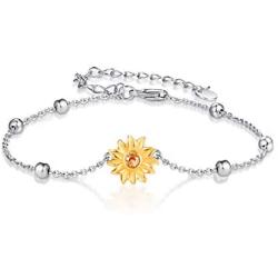 PRAYMOS Sunflower Bracelet Jewelry Women 925 Sterling Silver Adjustable Ball Charm Chain Decent Gifts for Her