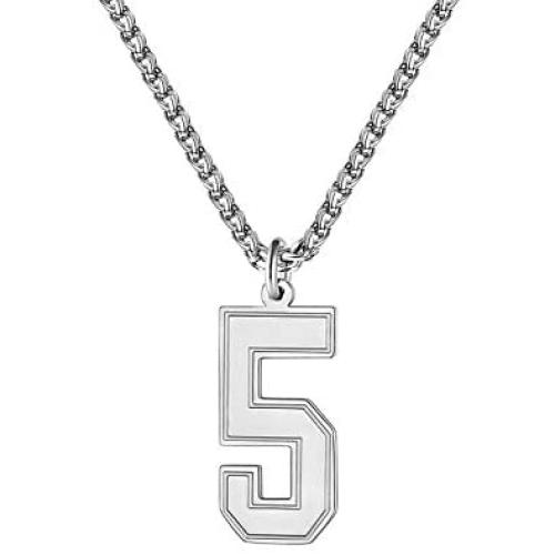 QeenseKc Sport Lucky Number 0-9 Necklace Jersey Number Initial Pendant Stainless Steel Jewelry 25mm High 3mm Wheat Chain