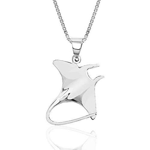 Sterling Silver Manta Ray Necklace Pendant with 18'' Box Chain