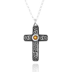 PZ Paz Creations 925 Sterling Silver Gemstone Cross Pendant for Women Girls | Birthstone Blue Topaz Citrine | 18'' Round Rolo Chain | Made in Israel