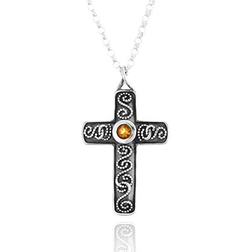 PZ Paz Creations 925 Sterling Silver Gemstone Cross Pendant for Women Girls | Birthstone Blue Topaz Citrine | 18'' Round Rolo Chain | Made in Israel
