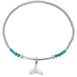 Ocean Serenity Whale Tail Simulated Green Turquoise Inlay .925 Sterling Silver Beads Stretch Bracelet