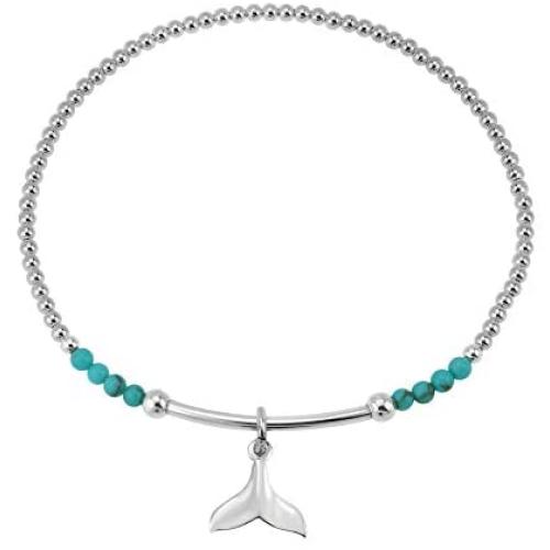Ocean Serenity Whale Tail Simulated Green Turquoise Inlay .925 Sterling Silver Beads Stretch Bracelet