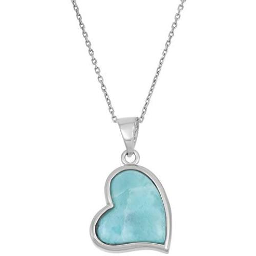 Sterling Silver Natural Larimar Heart Pendant with 18'' Chain