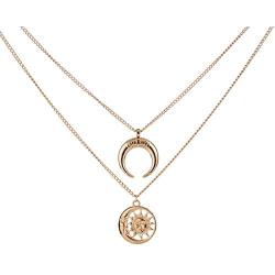 Multi-Layer Disc Horn Necklace Pendant Vintage Clavicle Chain Half Moon Sun Pendant Necklace Choker for Women Girls