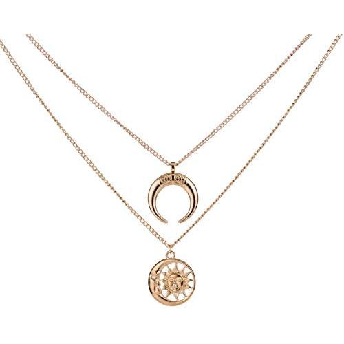 Multi-Layer Disc Horn Necklace Pendant Vintage Clavicle Chain Half Moon Sun Pendant Necklace Choker for Women Girls