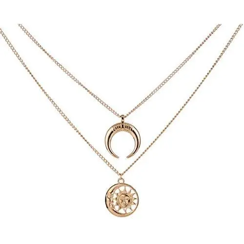 Multi-Layer Disc Horn Necklace Pendant Vintage Clavicle Chain Half Moon Sun Pendant Necklace Choker for Women Girls Multi-Layer Disc Horn Necklace Pendant Vintage Clavicle Chain Half Moon Sun Pendant Necklace Choker for Women Girls