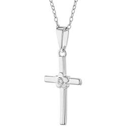 925 Sterling Silver CZ Flower Religious Cross Pendant Necklace Girls Kids 16''