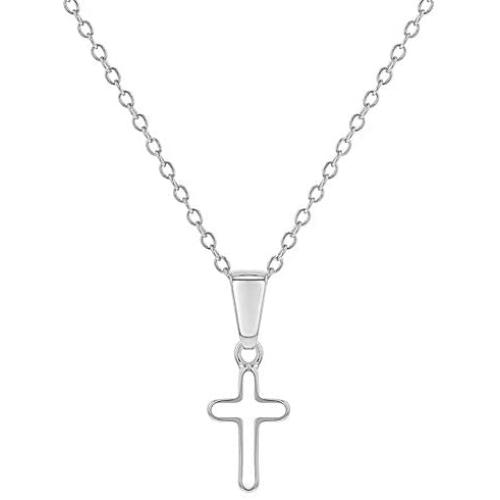 925 Sterling Silver Tiny Outline Cross Pendant Necklace for Infants Kids 16''