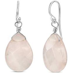 FRONAY Natural Gemstone Rose Quartz Dangle Drop Earrings - Handmade Sterling Silver Jewelry for Women