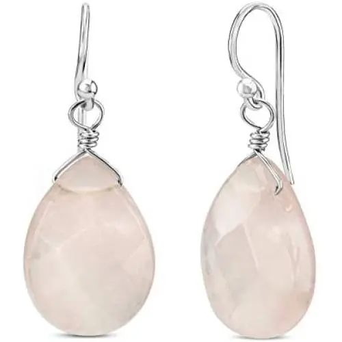 FRONAY Natural Gemstone Rose Quartz Dangle Drop Earrings - Handmade Sterling Silver Jewelry for Women FRONAY Natural Gemstone Rose Quartz Dangle Drop Earrings - Handmade Sterling Silver Jewelry for Women