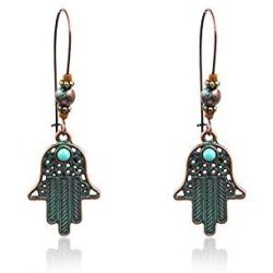 BELUCKIN Antique Green Bronze Fatima Hamsa Hand Drop Dangle Earrings Women Bohemian Vintage Statement Earrings Jewelry