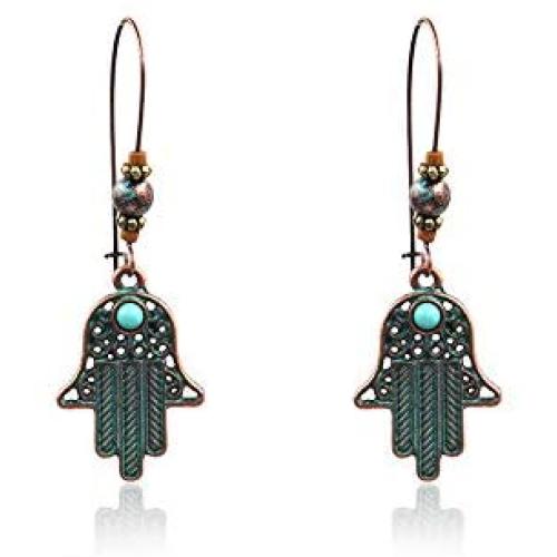 BELUCKIN Antique Green Bronze Fatima Hamsa Hand Drop Dangle Earrings Women Bohemian Vintage Statement Earrings Jewelry