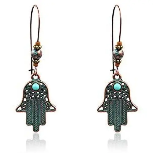 BELUCKIN Antique Green Bronze Fatima Hamsa Hand Drop Dangle Earrings Women Bohemian Vintage Statement Earrings Jewelry BELUCKIN Antique Green Bronze Fatima Hamsa Hand Drop Dangle Earrings Women Bohemian Vintage Statement Earrings Jewelry