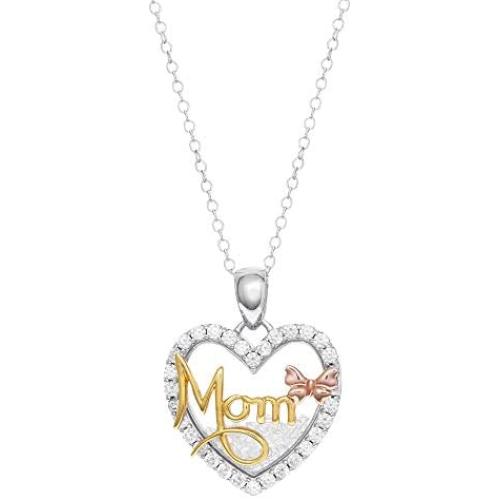 Hallmark Jewelry for Women Sterling Silver''Mom'' Cubic Zirconia Shaker Heart Necklace, 18'' Chain