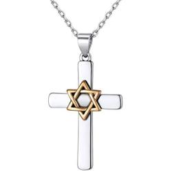 Nofade Silver Cross Star of David Pendant Necklace Gold&Silver Two Tone Pendant Religious Jewish Jewelry for Women Men, Chain 18(with Gift Box)