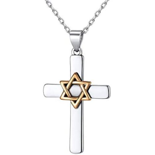 Nofade Silver Cross Star of David Pendant Necklace Gold&Silver Two Tone Pendant Religious Jewish Jewelry for Women Men, Chain 18(with Gift Box)