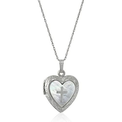 Amazon Collection Sterling Silver Heart and Mother-of-Pearl Heart and Cross Locket Necklace, 18