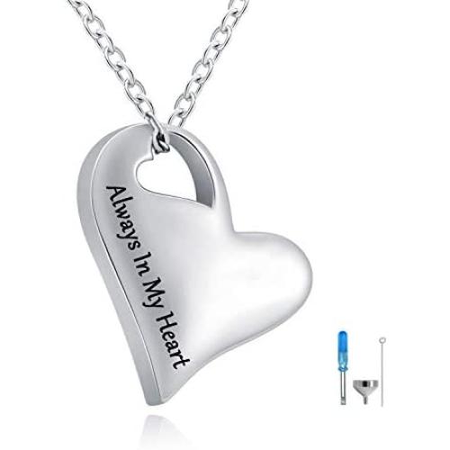 925 Sterling Silver Heart Urn Ahes Necklace Engraved Always In My Heart Dad Mom NaNa Grandpa Pet Cremation Memorial Keepsake Jewelry (Blank)