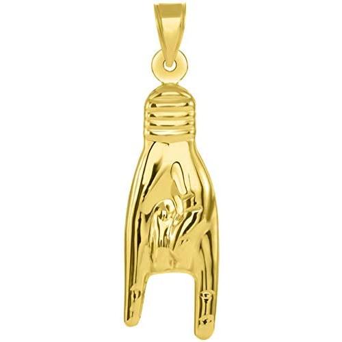 14k Yellow Gold Hand Charm Mano Cornuto Good Luck Sign Pendant (35mm x 10mm)