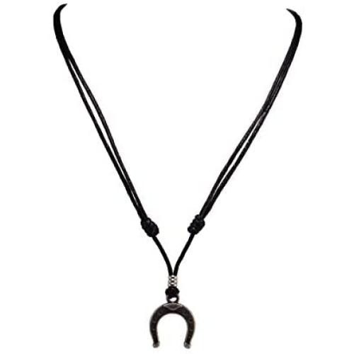 Horseshoe Pendant on Adjustable Black Rope Cord Necklace (Old Silver)