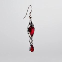 Valentines Day Red Heart Romance Dangle Earrings Austrian Crystals Thorns and Roses Silver Finish