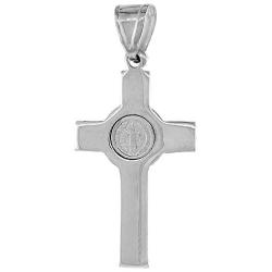 1 1/4 inch Sterling Silver Protestant St Benedict Cross Necklace Without Christ High Polished, 18-30 inch Cuban Chain