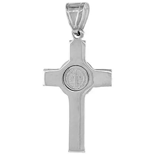 1 1/4 inch Sterling Silver Protestant St Benedict Cross Necklace Without Christ High Polished, 18-30 inch Cuban Chain