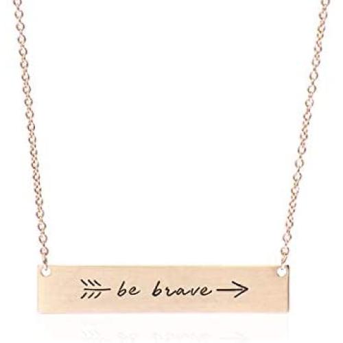 RIAH FASHION Inspirational Positive Message Pendant Simple Bar Necklace - Engraved Lettering Plate Delicate Chain Be Brave, Follow Your Heart, Love, Dream Valentines